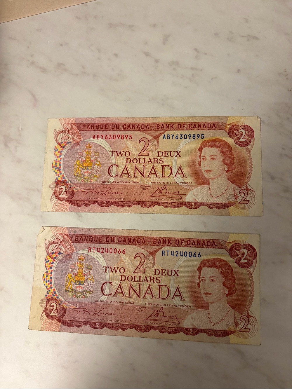 1974 pair Vintage Canada Two Dollar Bills